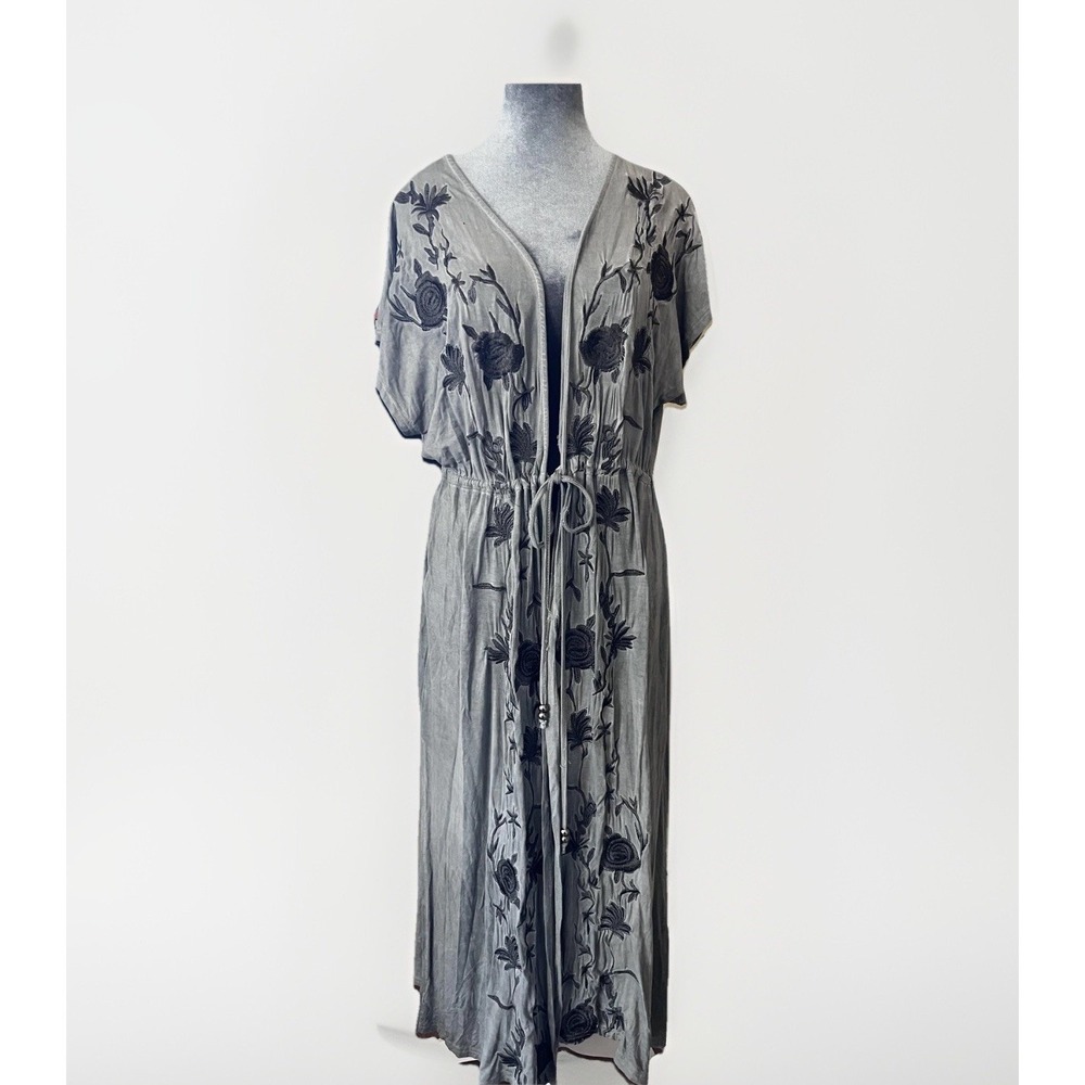 POL Embroidered Kimono Jacket‎ Womens Large Gray Long Floral Boho Duster